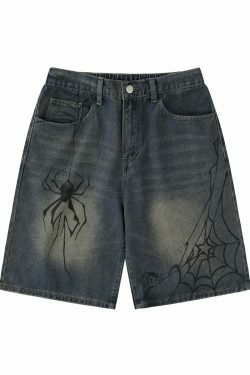 Y2K Aesthetic Spider Print Denim Shorts for Women - Coquette Style Grunge Fashion