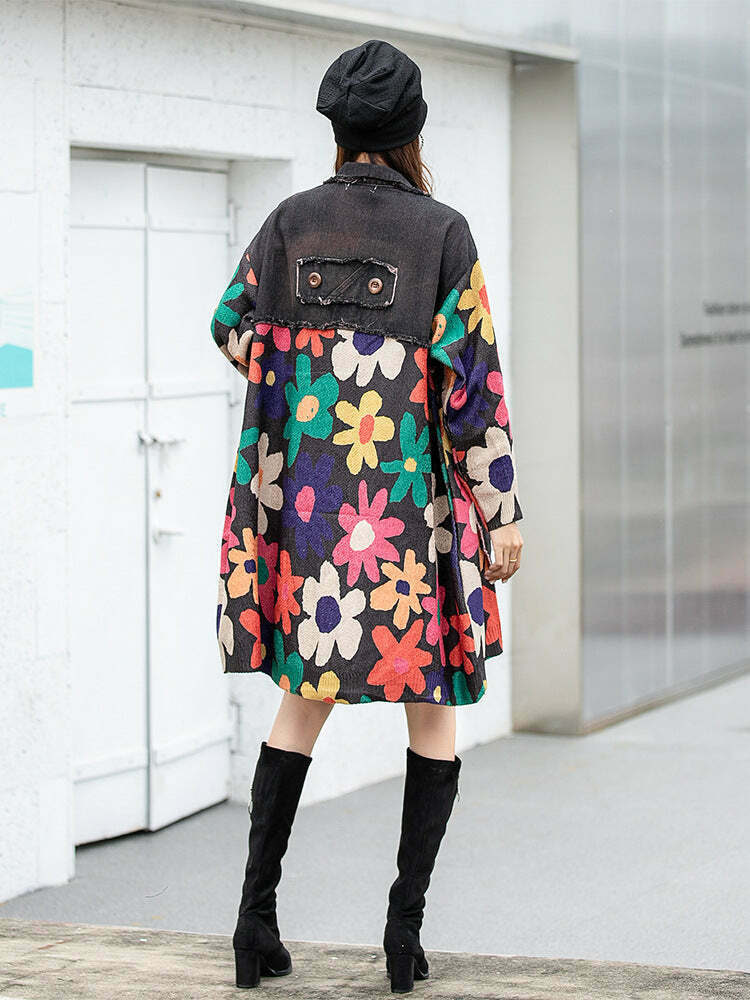 Y2K Aesthetic Spliced Denim Lapel Jacket for Women - Coquette & Grunge Style Cargo Skirt Outfit