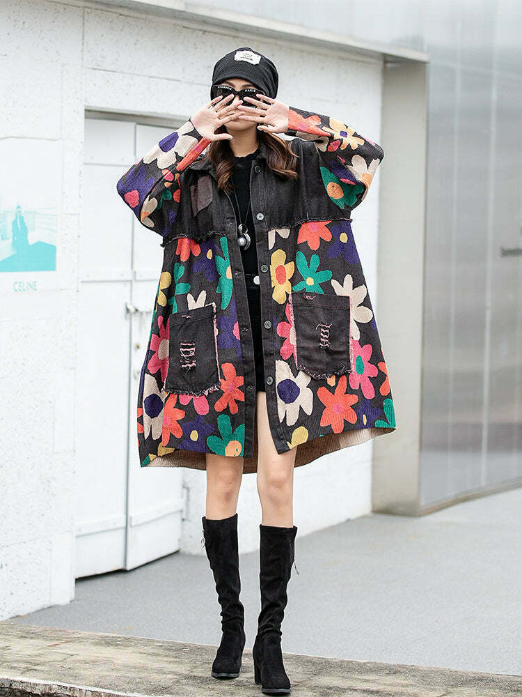 Y2K Aesthetic Spliced Denim Lapel Jacket for Women - Coquette & Grunge Style Cargo Skirt Outfit