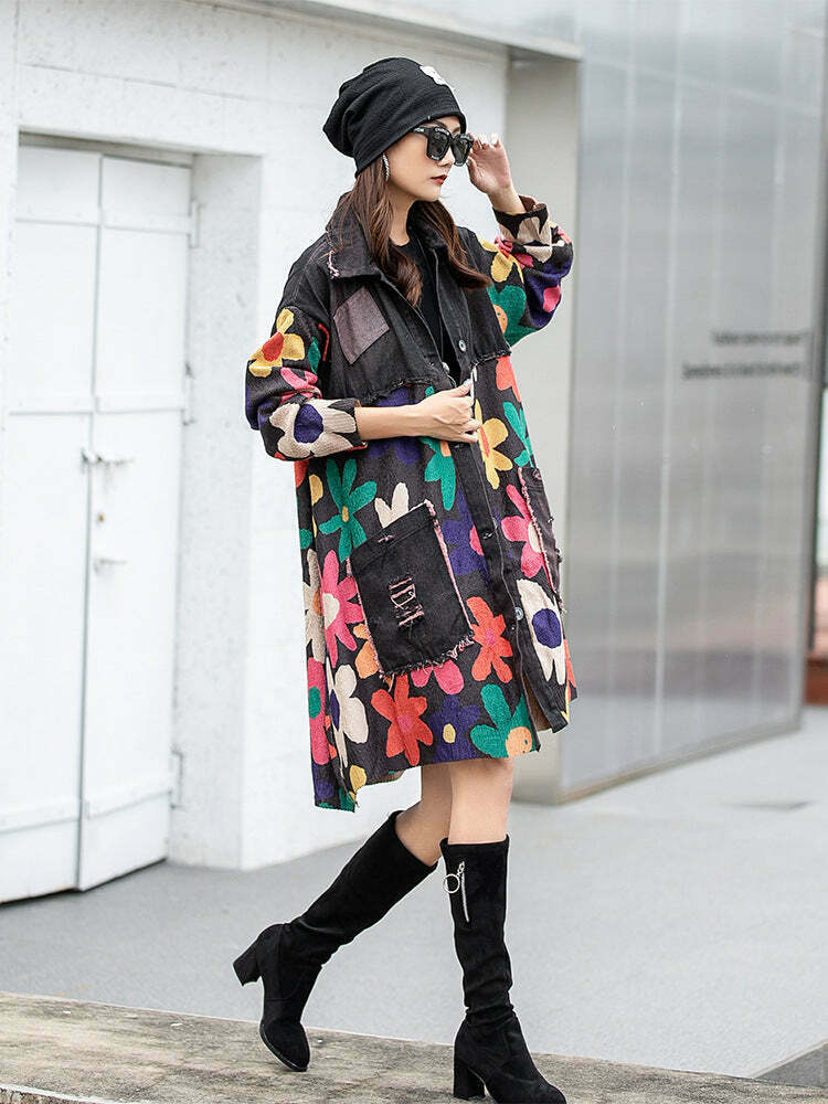 Y2K Aesthetic Spliced Denim Lapel Jacket for Women - Coquette & Grunge Style Cargo Skirt Outfit