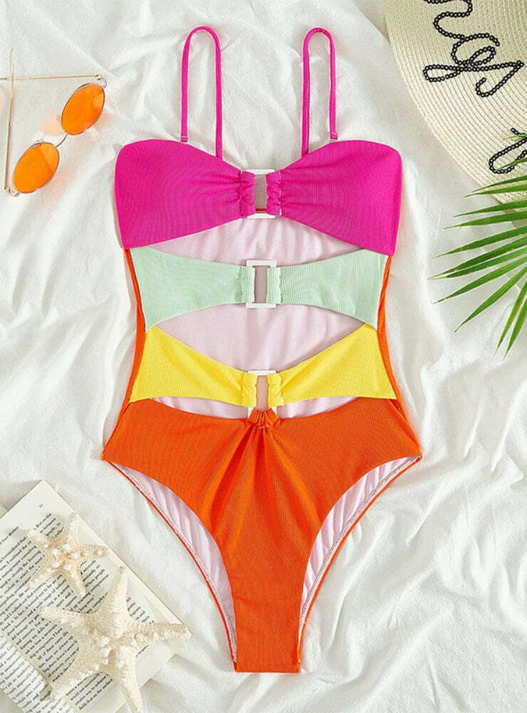 Y2K Aesthetic Spliced Sling Swimsuit - Coquette & Grunge Style Women's Fashion