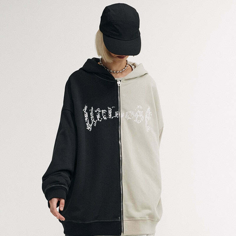 Y2K Aesthetic Spliced Zip Up Hoodie for Women - Coquette & Grunge Style Fashion Statement
