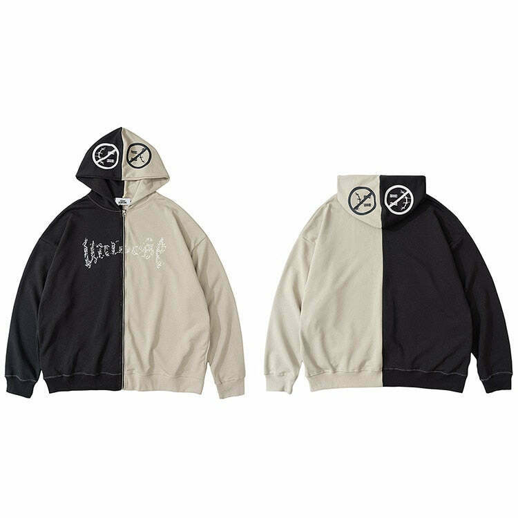 Y2K Aesthetic Spliced Zip Up Hoodie for Women - Coquette & Grunge Style Fashion Statement