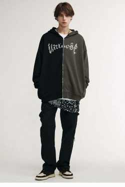 Y2K Aesthetic Spliced Zip Up Hoodie for Women - Coquette & Grunge Style Fashion Statement