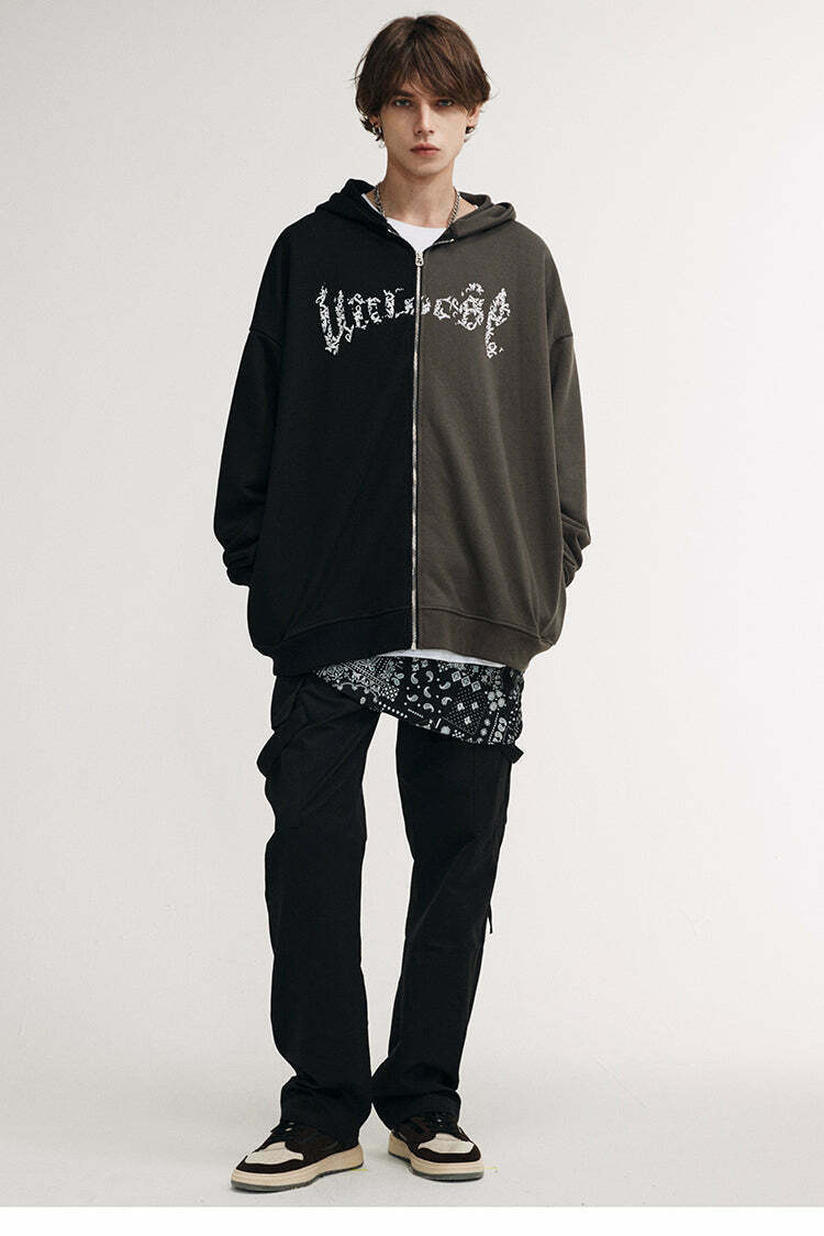 Y2K Aesthetic Spliced Zip Up Hoodie for Women - Coquette & Grunge Style Fashion Statement