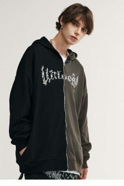 Y2K Aesthetic Spliced Zip Up Hoodie for Women - Coquette & Grunge Style Fashion Statement