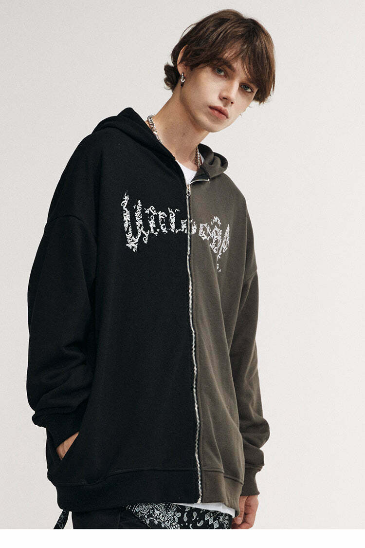 Y2K Aesthetic Spliced Zip Up Hoodie for Women - Coquette & Grunge Style Fashion Statement