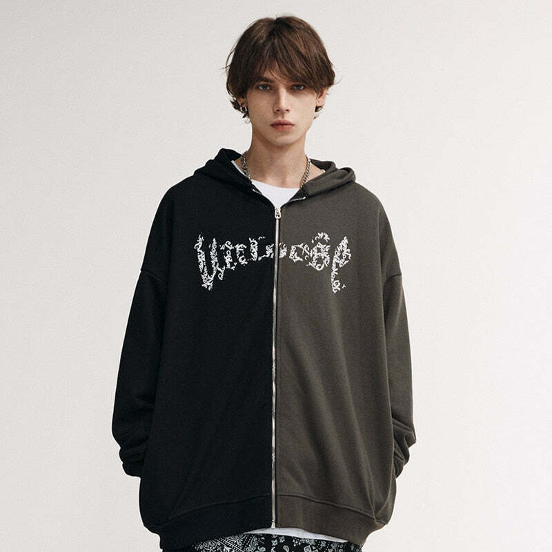 Y2K Aesthetic Spliced Zip Up Hoodie for Women - Coquette & Grunge Style Fashion Statement