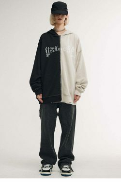 Y2K Aesthetic Spliced Zip Up Hoodie for Women - Coquette & Grunge Style Fashion Statement
