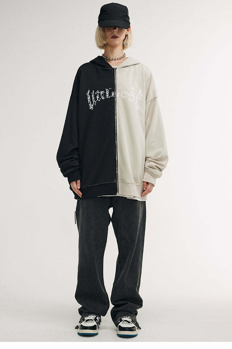 Y2K Aesthetic Spliced Zip Up Hoodie for Women - Coquette & Grunge Style Fashion Statement
