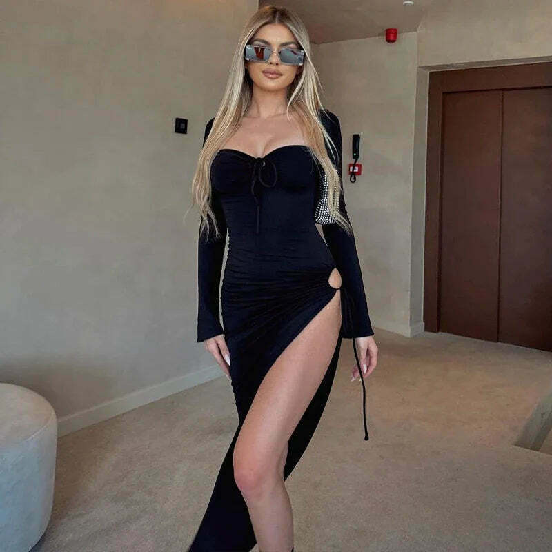 Y2K Aesthetic Split Ruched Maxi Dress for Women - Coquette & Grunge Style Fashion Statement