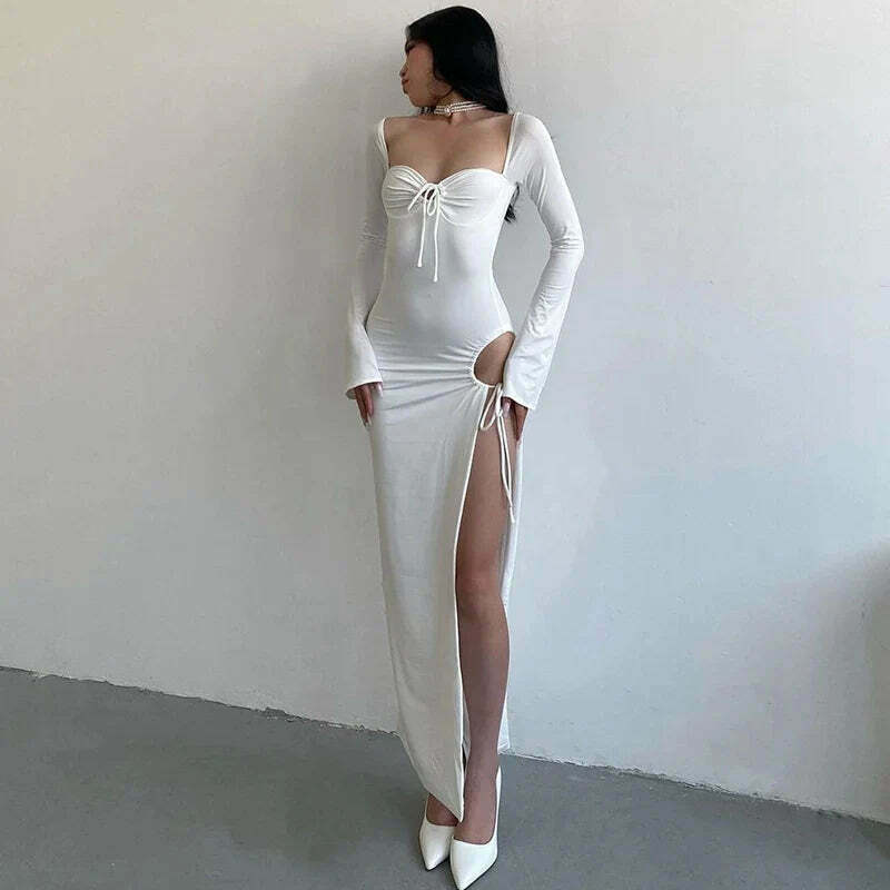 Y2K Aesthetic Split Ruched Maxi Dress for Women - Coquette & Grunge Style Fashion Statement