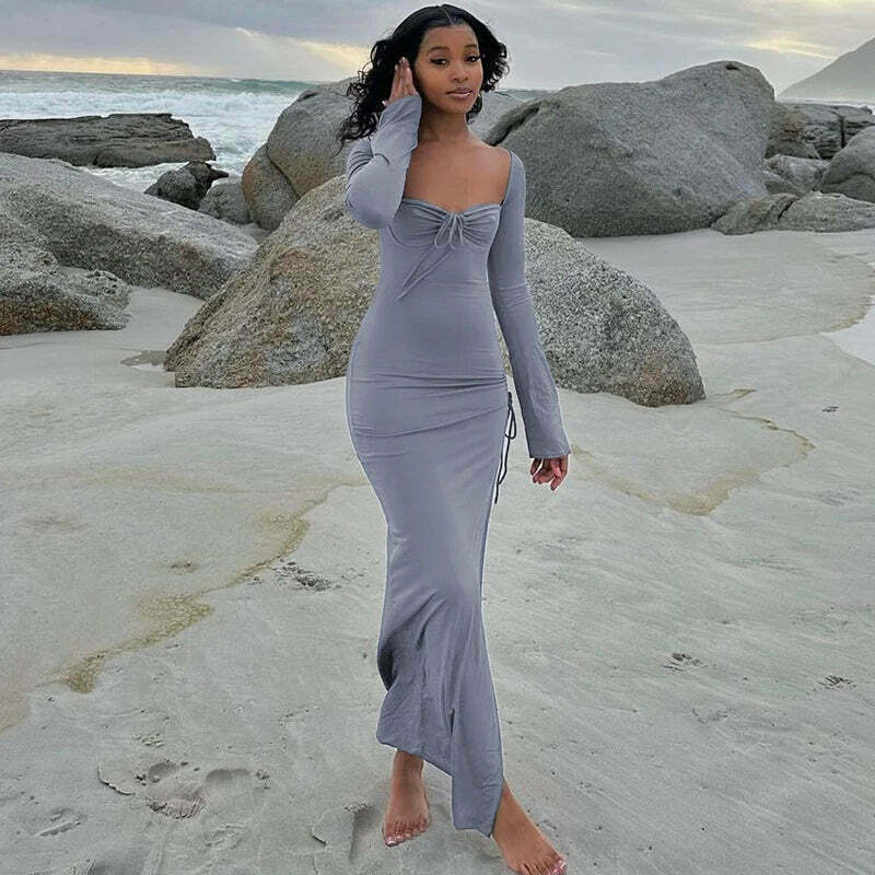 Y2K Aesthetic Split Ruched Maxi Dress for Women - Coquette & Grunge Style Fashion Statement