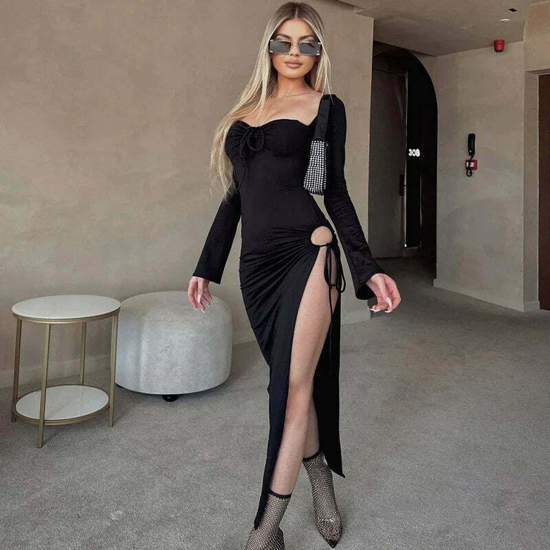 Y2K Aesthetic Split Ruched Maxi Dress for Women - Coquette & Grunge Style Fashion Statement