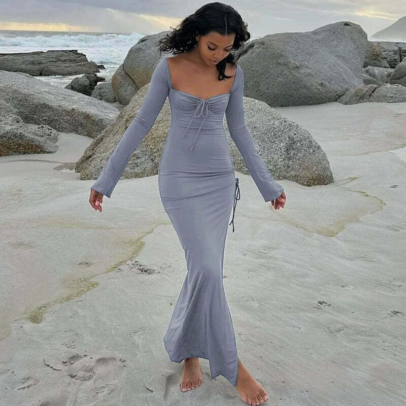 Y2K Aesthetic Split Ruched Maxi Dress for Women - Coquette & Grunge Style Fashion Statement