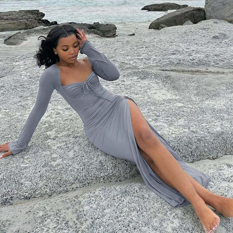 Y2K Aesthetic Split Ruched Maxi Dress for Women - Coquette & Grunge Style Fashion Statement