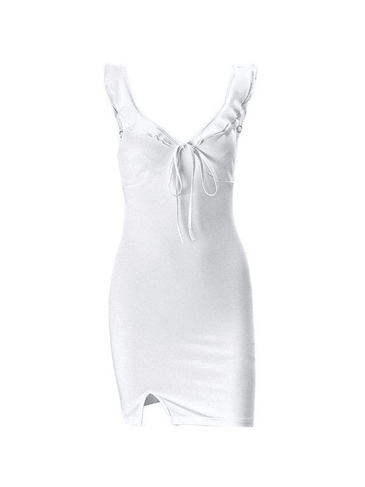 Y2K Aesthetic Split V Neck Mini Dress - Coquette Grunge Fashion & Pastel Goth Vibes