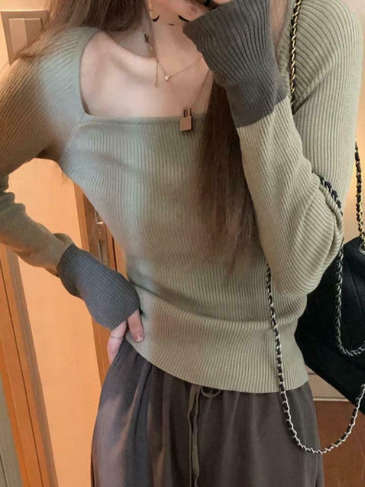 Y2K Aesthetic Square Neck Splice Slim Long Sleeve Knit Sweater