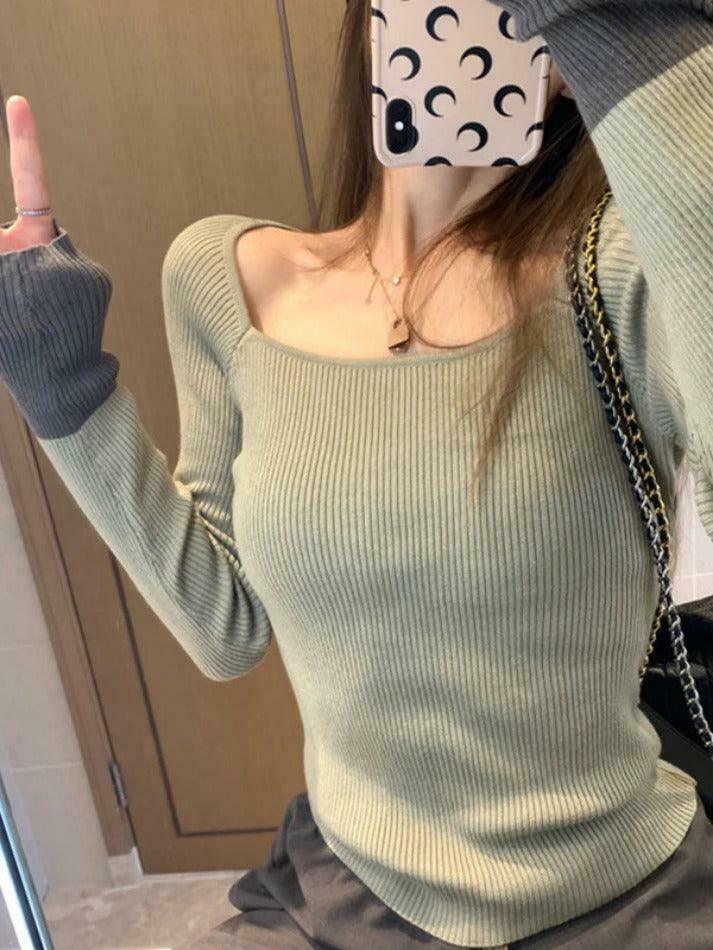 Y2K Aesthetic Square Neck Splice Slim Long Sleeve Knit Sweater