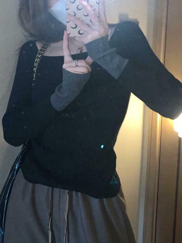 Y2K Aesthetic Square Neck Splice Slim Long Sleeve Knit Sweater