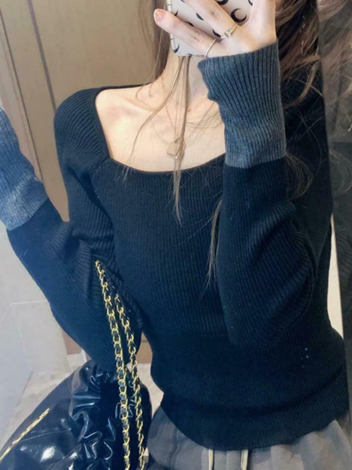 Y2K Aesthetic Square Neck Splice Slim Long Sleeve Knit Sweater