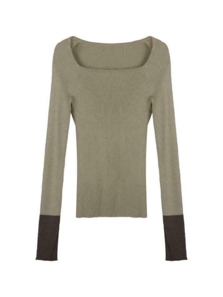 Y2K Aesthetic Square Neck Splice Slim Long Sleeve Knit Sweater