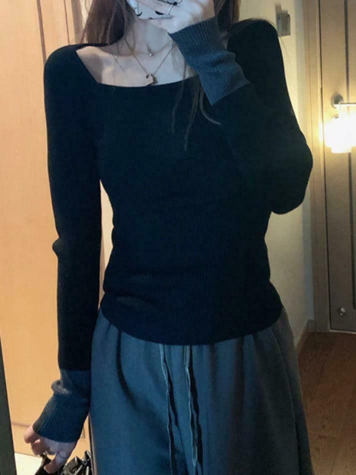 Y2K Aesthetic Square Neck Splice Slim Long Sleeve Knit Sweater