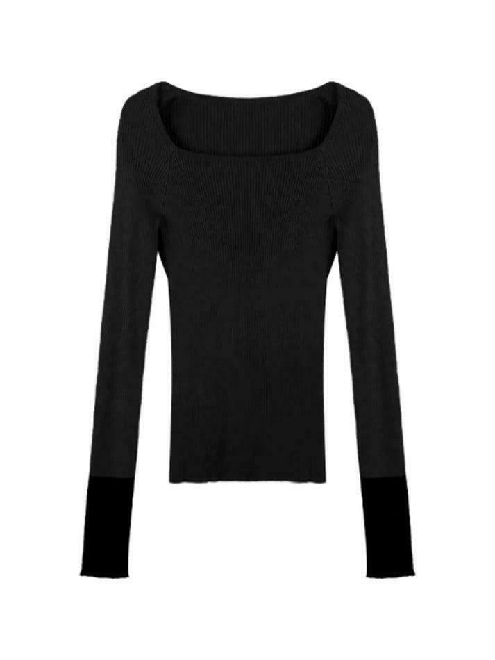 Y2K Aesthetic Square Neck Splice Slim Long Sleeve Knit Sweater