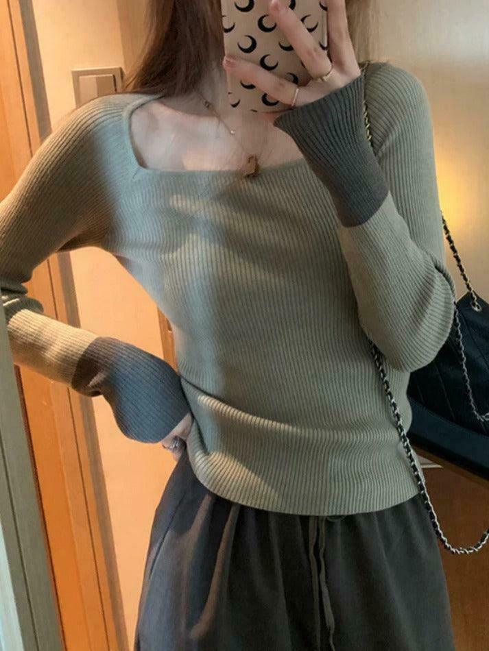 Y2K Aesthetic Square Neck Splice Slim Long Sleeve Knit Sweater