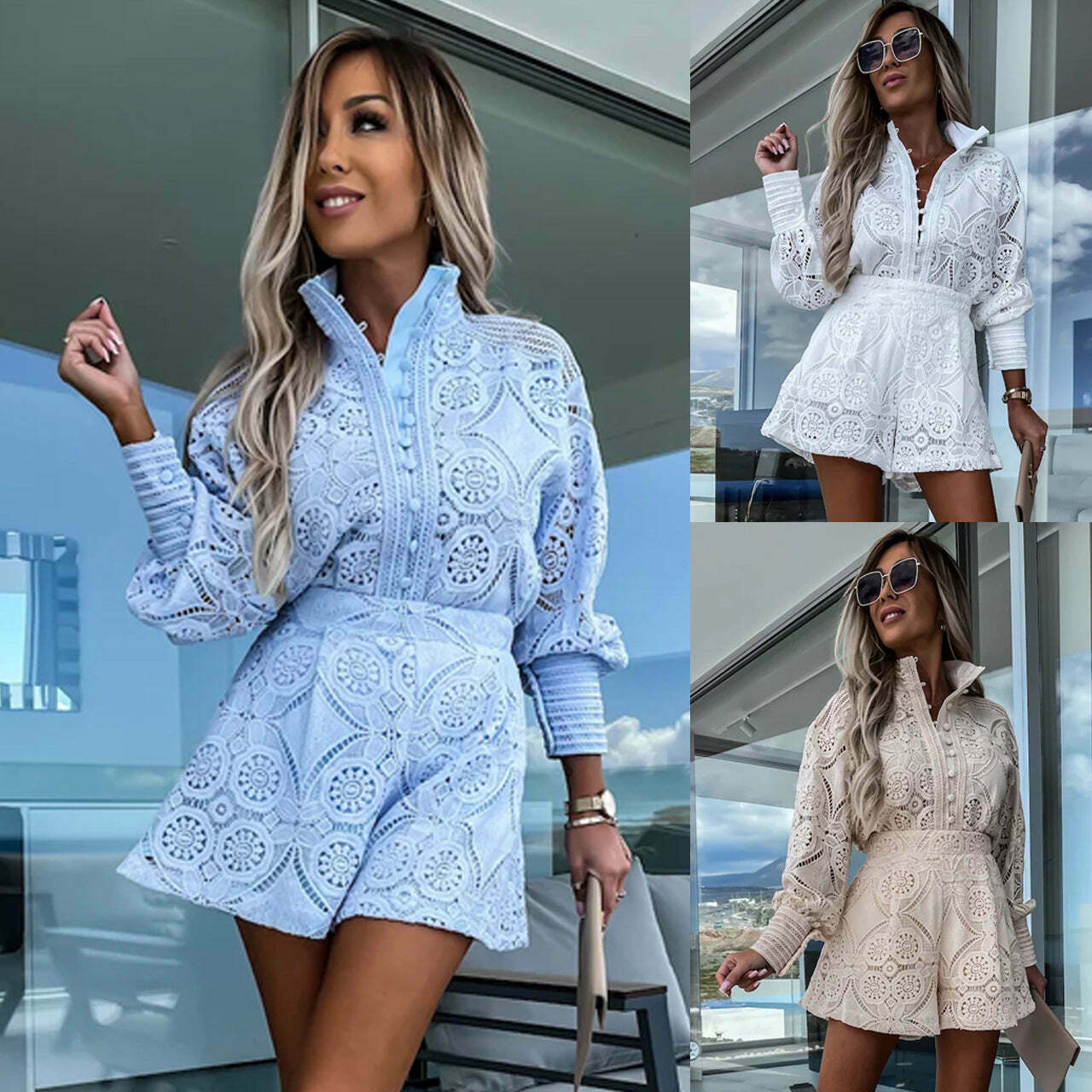Y2K Aesthetic Stand-Up Collar Lace Shorts Suit for Niche Women Fashion