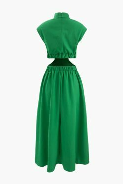 Y2K Aesthetic Stand Collar Cut Out Midi Dress for Women - Coquette & Grunge Style Fashion