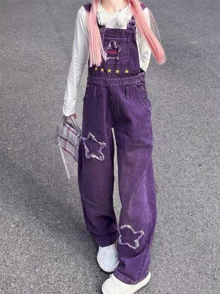 Y2K Aesthetic Star Patch Purple Denim Overalls - Coquette Style Grunge Fashion Women's Outfit
