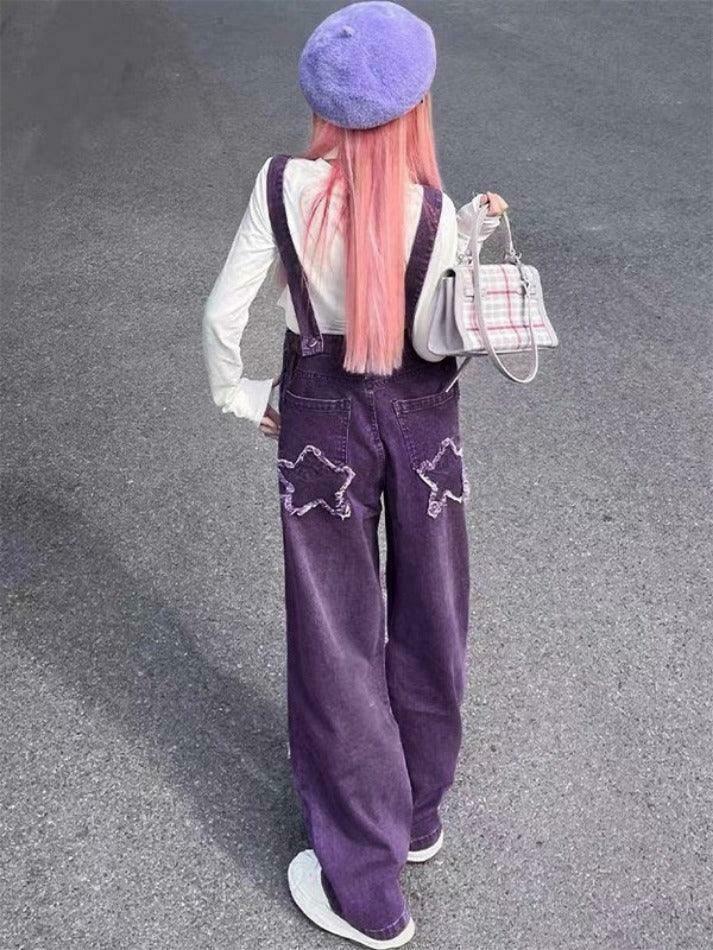 Y2K Aesthetic Star Patch Purple Denim Overalls - Coquette Style Grunge Fashion Women's Outfit