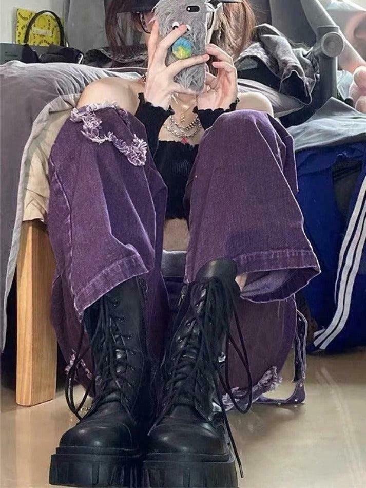 Y2K Aesthetic Star Patch Purple Denim Overalls - Coquette Style Grunge Fashion Women's Outfit