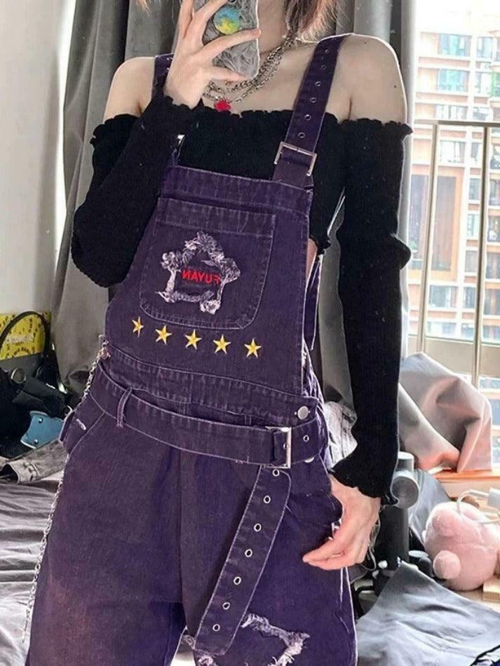 Y2K Aesthetic Star Patch Purple Denim Overalls - Coquette Style Grunge Fashion Women's Outfit