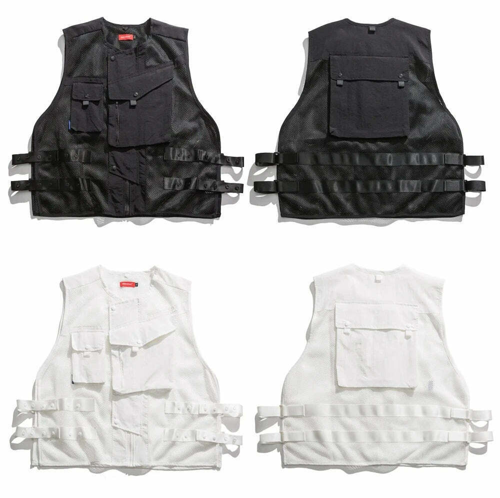 Y2K Aesthetic Strapped Mesh Utility Vest for Women - Coquette & Grunge Style Cargo Skirt Outfit