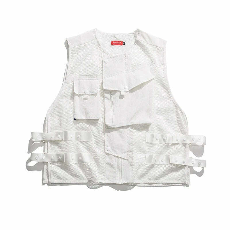 Y2K Aesthetic Strapped Mesh Utility Vest for Women - Coquette & Grunge Style Cargo Skirt Outfit