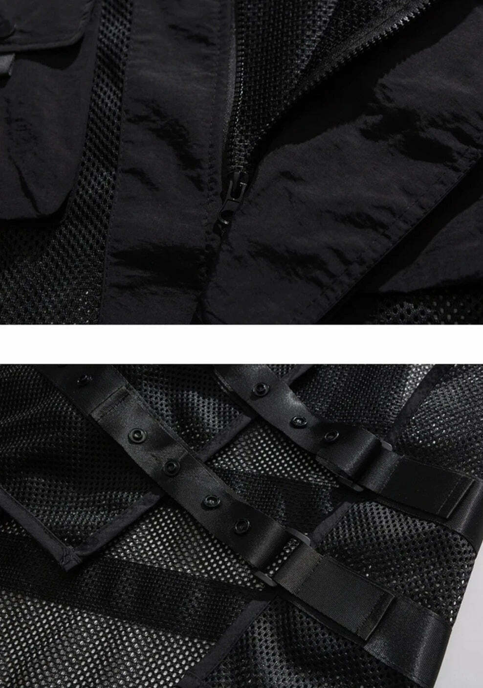 Y2K Aesthetic Strapped Mesh Utility Vest for Women - Coquette & Grunge Style Cargo Skirt Outfit