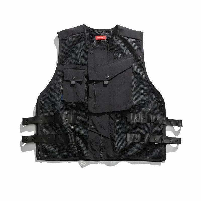 Y2K Aesthetic Strapped Mesh Utility Vest for Women - Coquette & Grunge Style Cargo Skirt Outfit