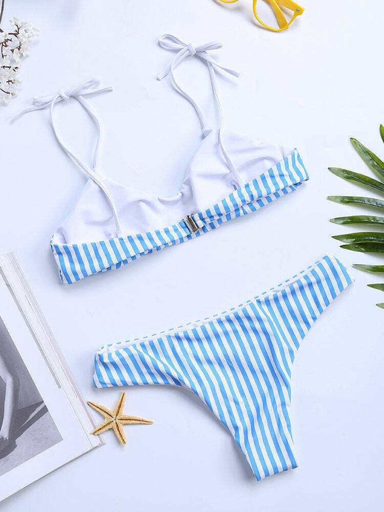 Y2K Aesthetic Stripe Halter String Bikinis - Coquette & Grunge Style Two Piece Swimsuits