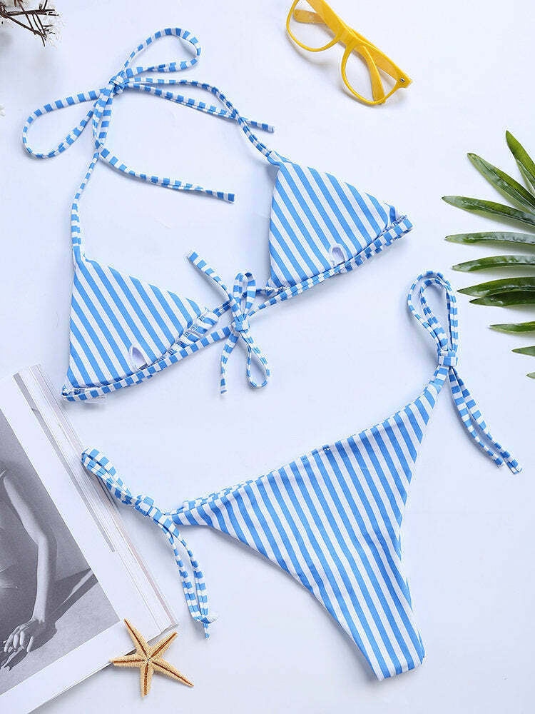 Y2K Aesthetic Stripe Halter String Bikinis - Coquette & Grunge Style Two Piece Swimsuits