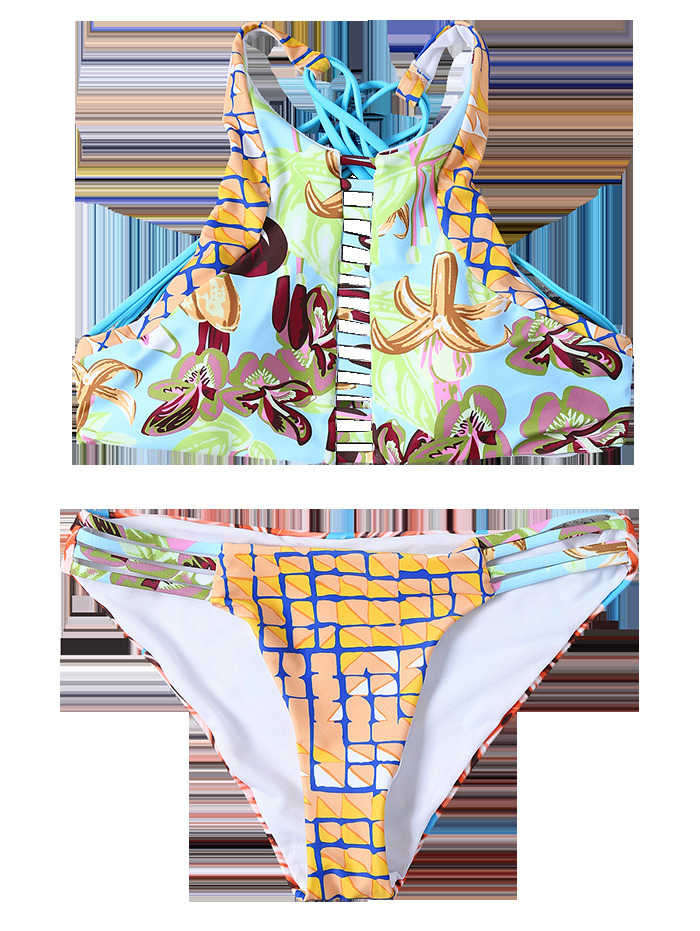 Y2K Aesthetic Striped Bandeau Bikini Set with Floral Accents