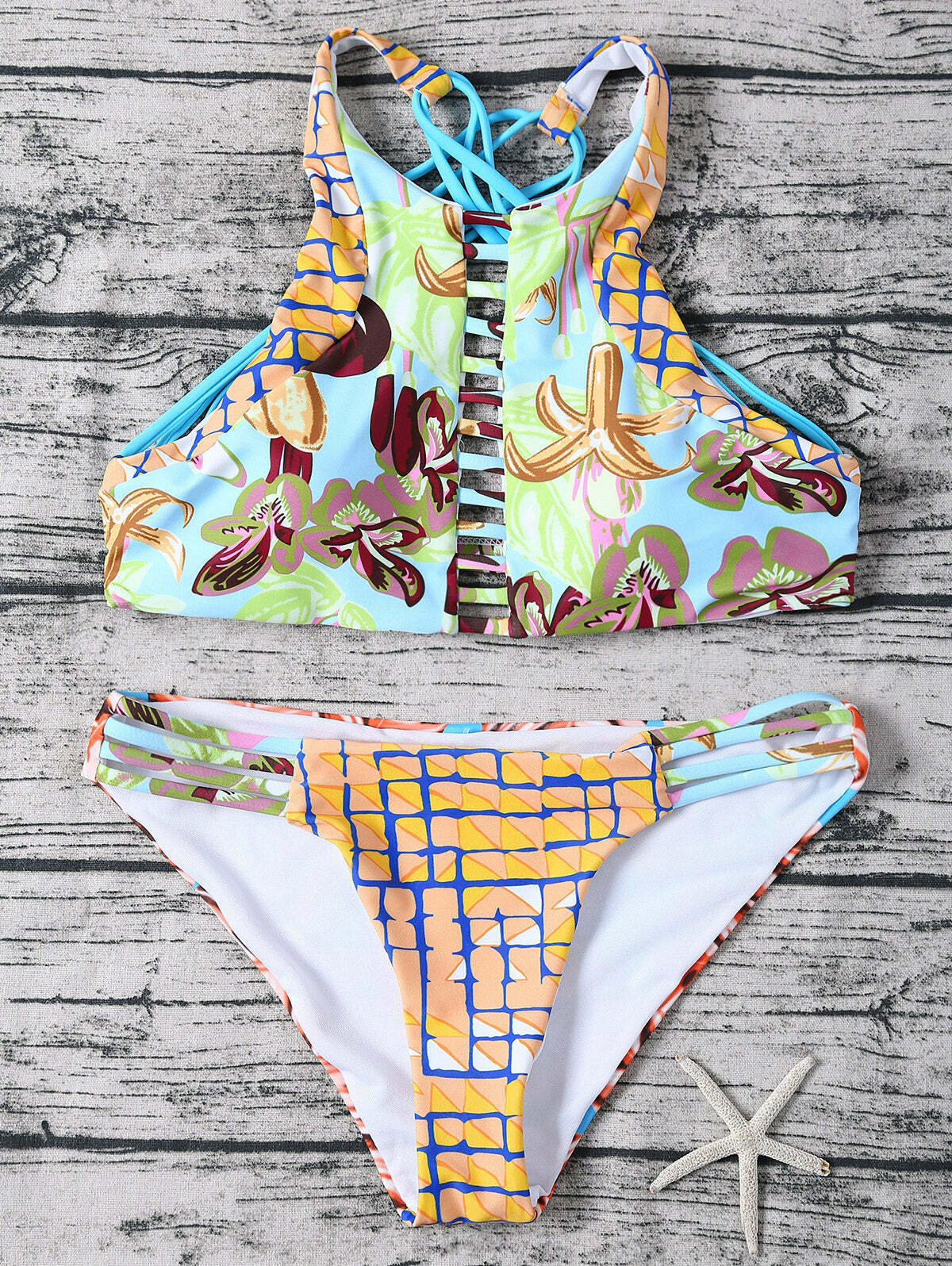 Y2K Aesthetic Striped Bandeau Bikini Set with Floral Accents