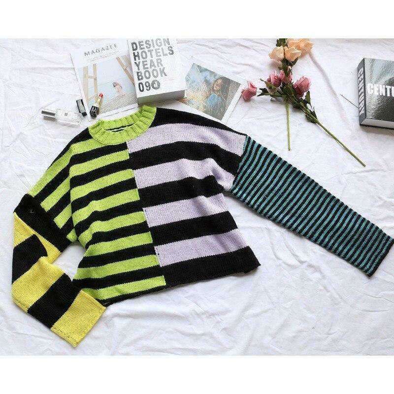Y2K Aesthetic Striped Color Block Sweater for Women - Coquette & Grunge Style Fashion