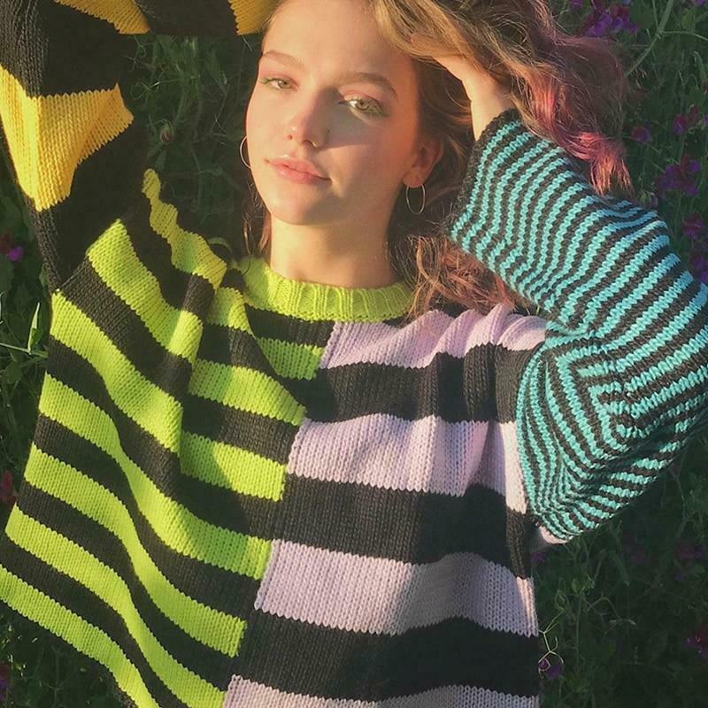 Y2K Aesthetic Striped Color Block Sweater for Women - Coquette & Grunge Style Fashion