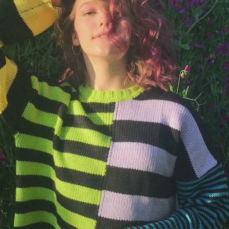 Y2K Aesthetic Striped Color Block Sweater for Women - Coquette & Grunge Style Fashion