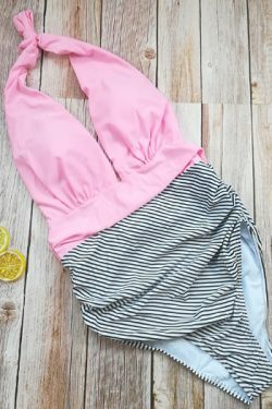Y2K Aesthetic Striped Deep V-Neck One-Piece Bikini for Women - Coquette Fashion Swimwear
