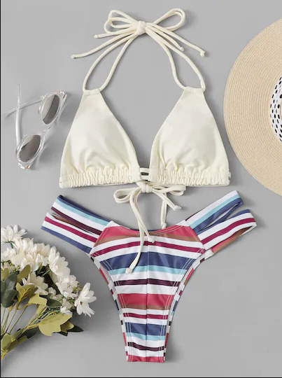Y2K Aesthetic Striped Halter Bikini Set - Coquette Style, Grunge Fashion, Cute Tops, Pastel Goth