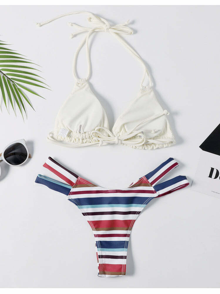 Y2K Aesthetic Striped Halter Bikini Set - Coquette Style for Women