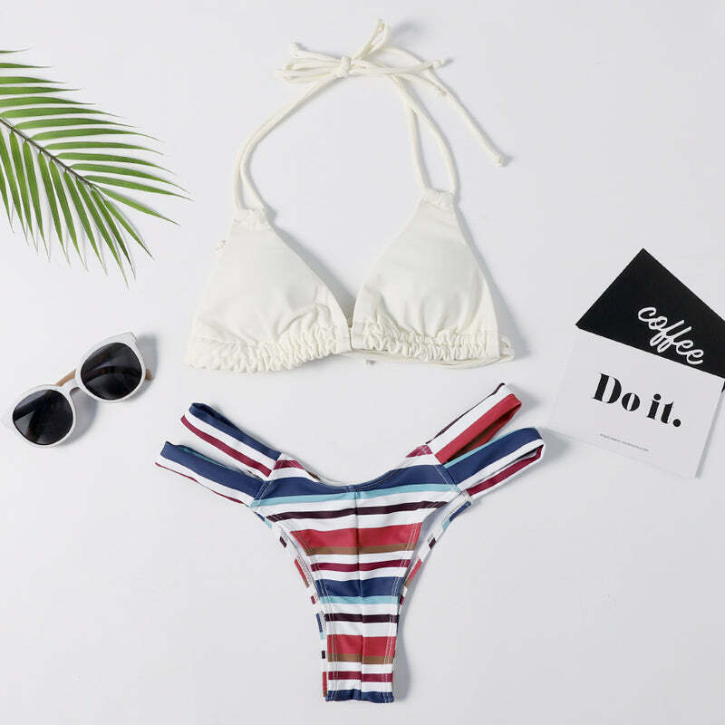Y2K Aesthetic Striped Halter Bikini Set - Coquette Style for Women
